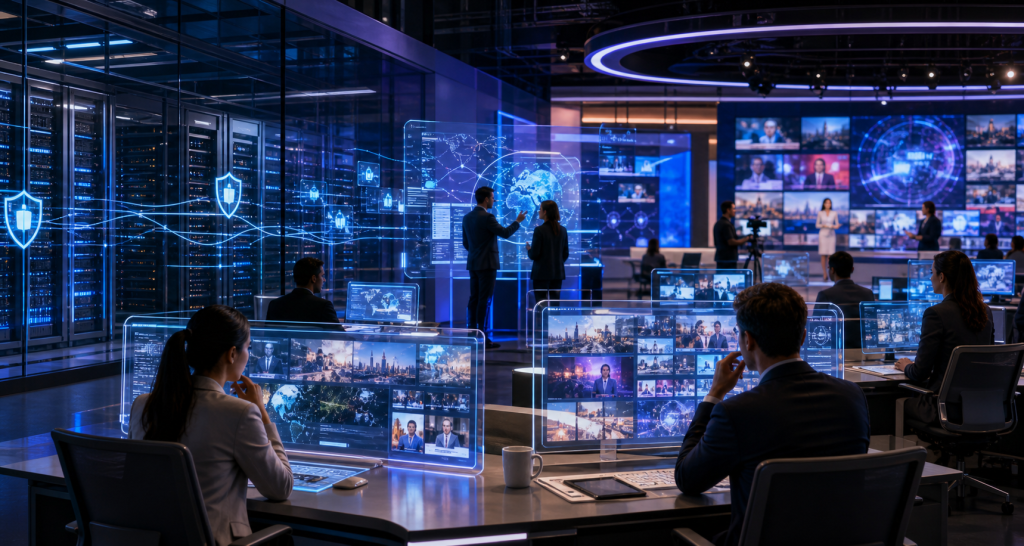 People monitor global news and cybersecurity data in a high-tech control room