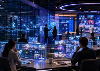 People monitor global news and cybersecurity data in a high-tech control room