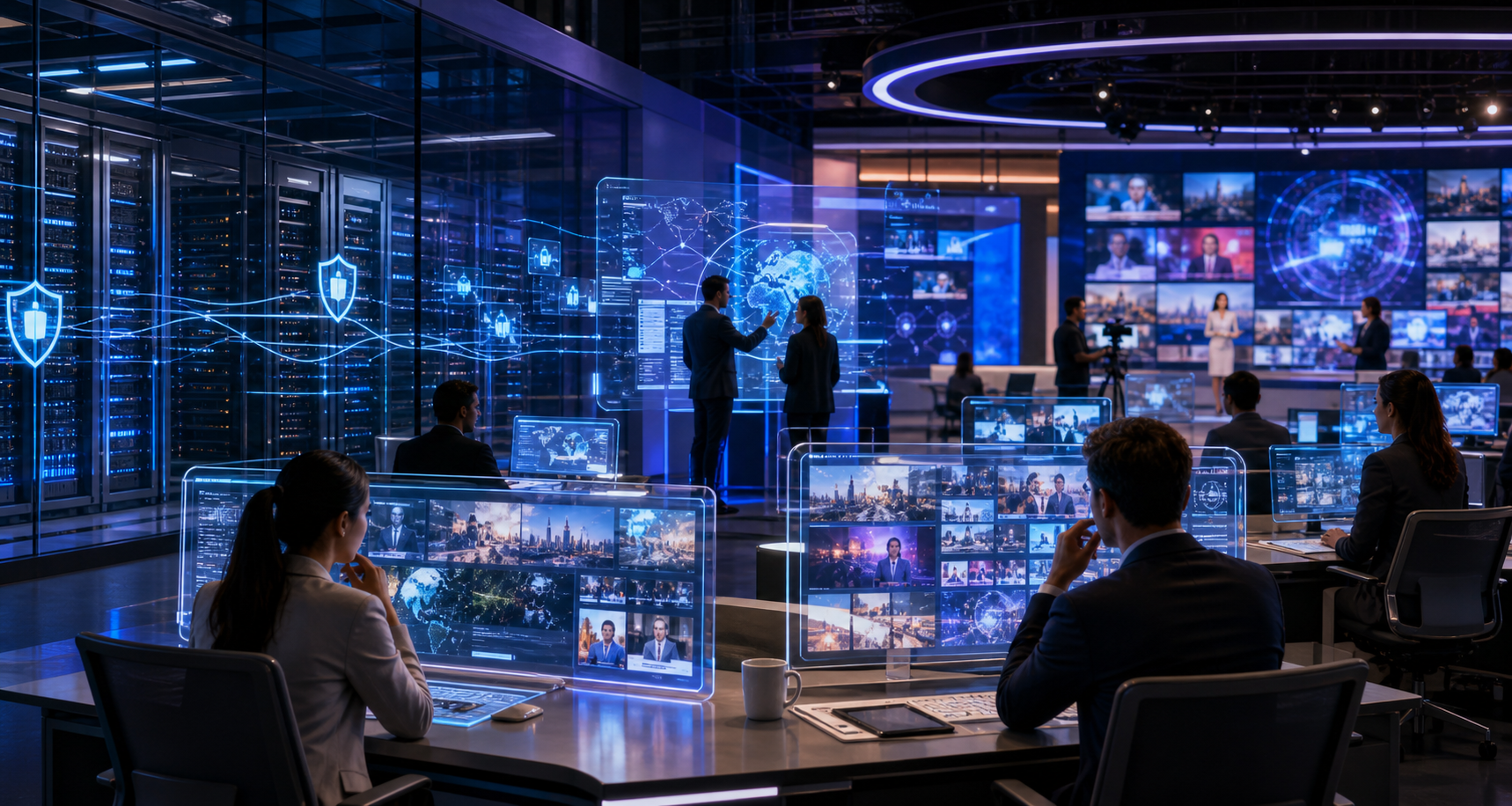People monitor global news and cybersecurity data in a high-tech control room