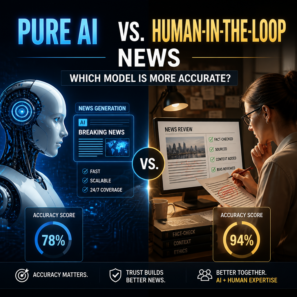 Infographic comparing pure AI and human-in-the-loop news accuracy, showing 78% AI versus 94% human accuracy.