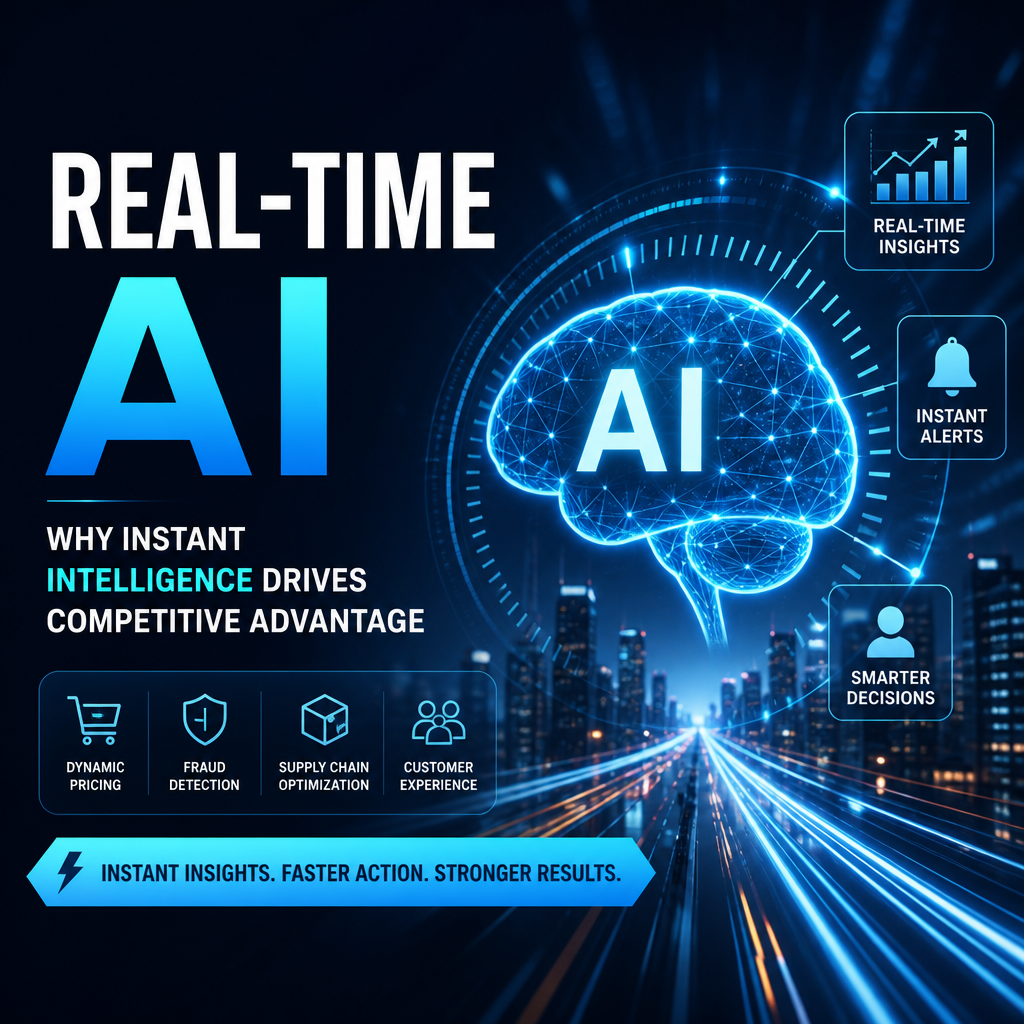Futuristic Real-Time AI analytics dashboard showing live insights, alerts, and smarter business decisions.