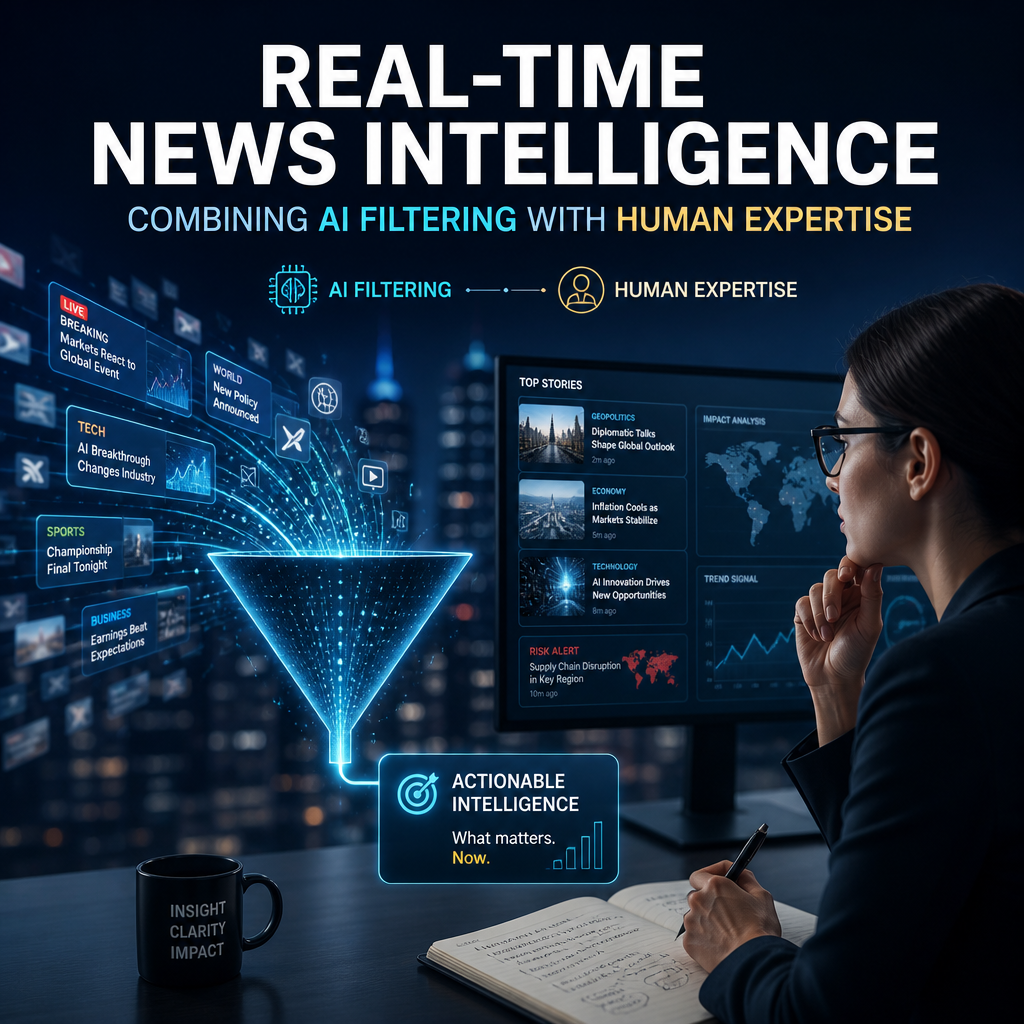 AI-powered real-time news intelligence platform combining automated filtering with expert human analysis for actionable insig