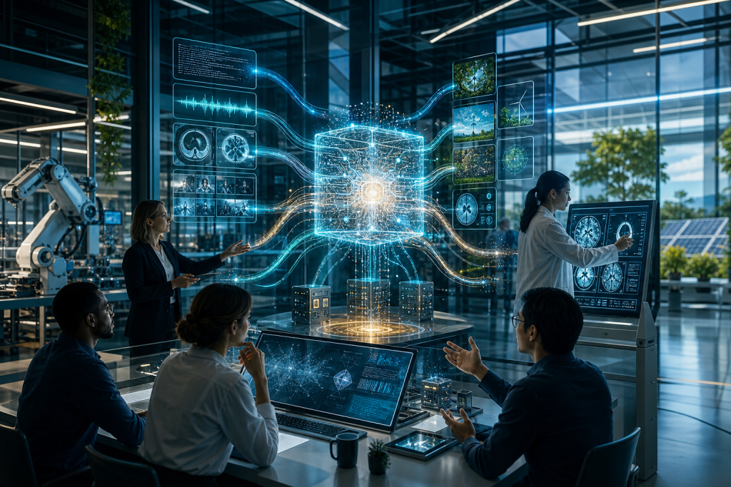 Researchers collaborate around a holographic AI system displaying medical scans, data visualizations, and renewable energy imagery