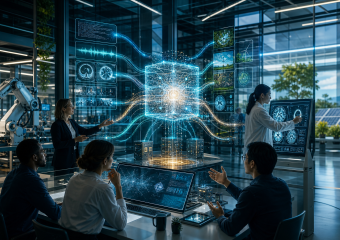 Researchers collaborate around a holographic AI system displaying medical scans, data visualizations, and renewable energy imagery