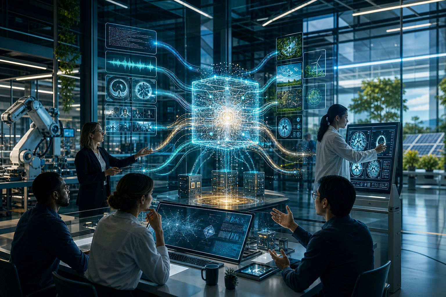 Researchers collaborate around a holographic AI system displaying medical scans, data visualizations, and renewable energy imagery