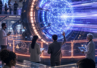 Scientists monitor a giant glowing energy sphere in a futuristic laboratory filled with network and data visualizations