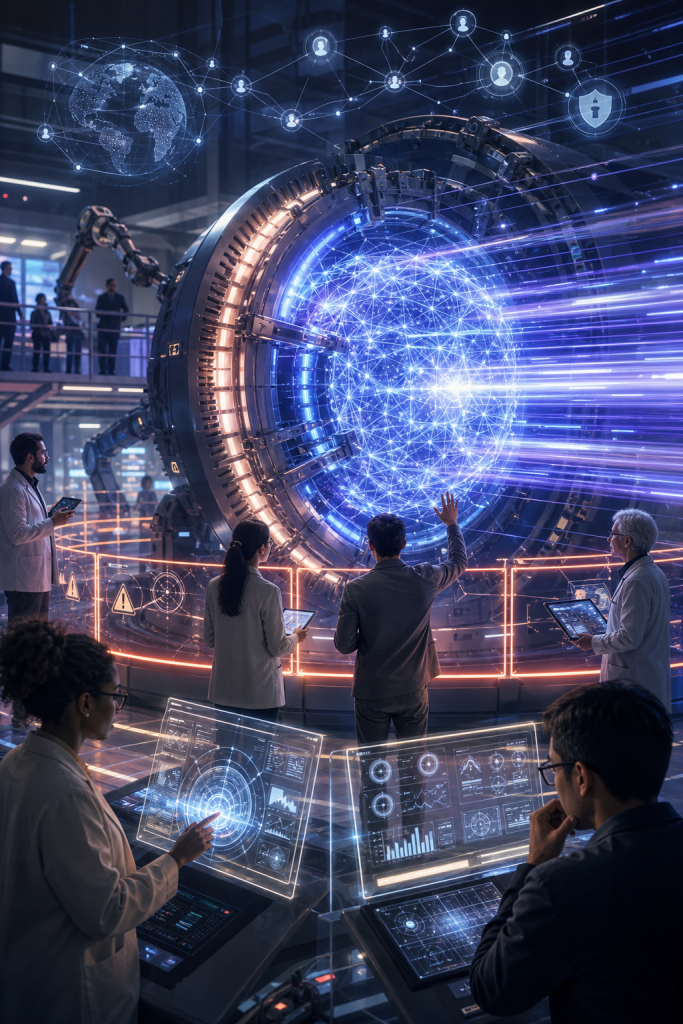 Scientists monitor a giant glowing energy sphere in a futuristic laboratory filled with network and data visualizations