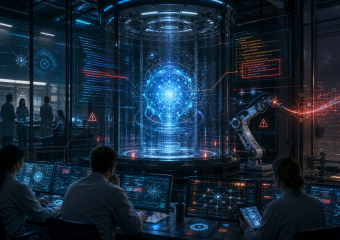 Scientists monitor a glowing holographic neural network in a futuristic laboratory with robotic equipment and data screens