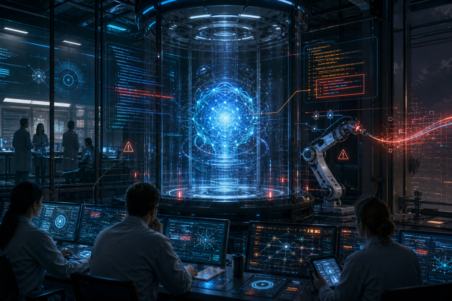 Scientists monitor a glowing holographic neural network in a futuristic laboratory with robotic equipment and data screens