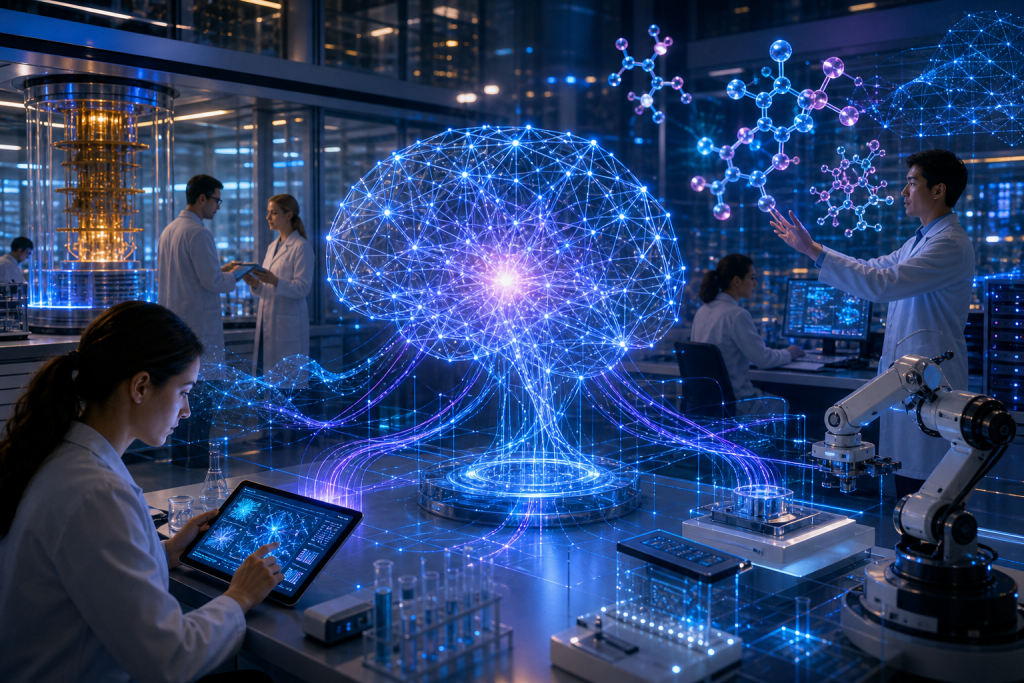 Scientists work in a futuristic laboratory with a glowing holographic neural network, molecular models, and robotic equipment