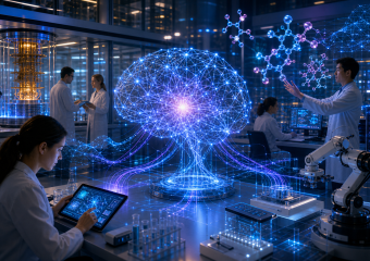 Scientists work in a futuristic laboratory with a glowing holographic neural network, molecular models, and robotic equipment