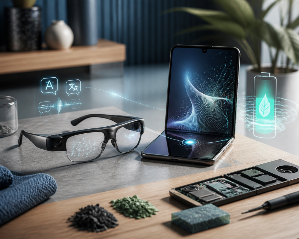 Smart glasses and a foldable smartphone with holographic translation, audio, battery, and electronic component symbols nearby