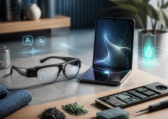 Smart glasses and a foldable smartphone with holographic translation, audio, battery, and electronic component symbols nearby