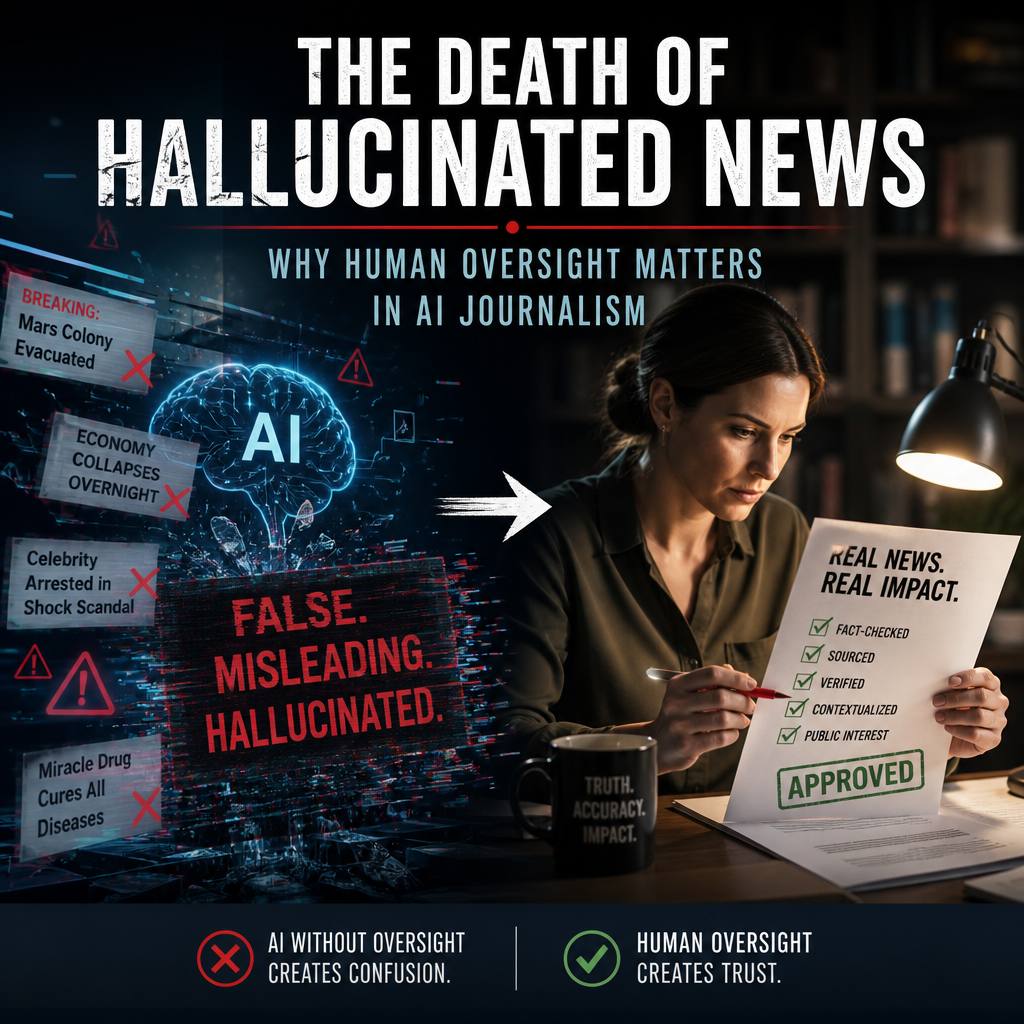 Illustration contrasting AI-generated hallucinated news with human editorial oversight safeguarding accurate journalism.