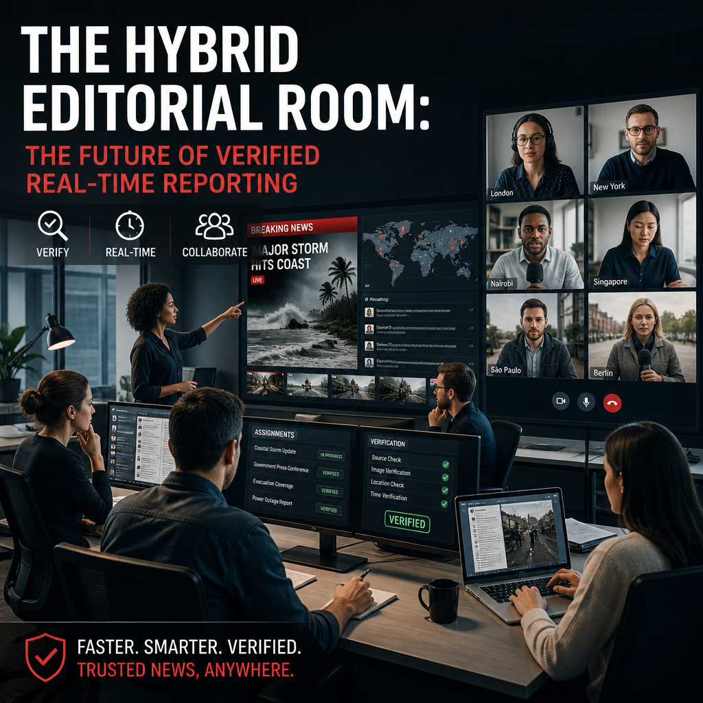 Hybrid editorial room team verifying breaking news on digital displays for accurate real-time reporting