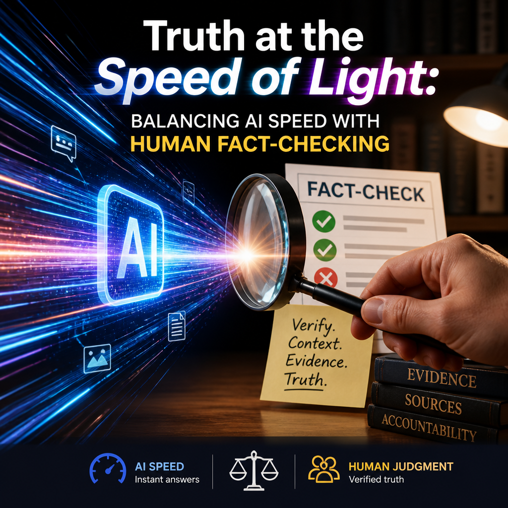 AI and human fact-checker balancing rapid information with careful evidence review for trustworthy news.
