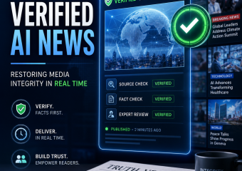 Dashboard showing verified AI news, real-time fact checks, trusted sources, and transparent media credibility indicators.