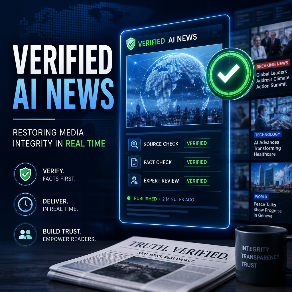 Dashboard showing verified AI news, real-time fact checks, trusted sources, and transparent media credibility indicators.
