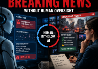 Infographic showing human-in-the-loop AI combining newsroom speed with journalists’ oversight for accurate, responsible break