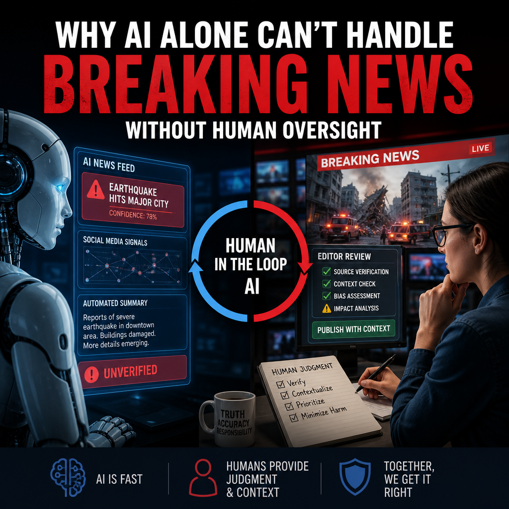 Infographic showing human-in-the-loop AI combining newsroom speed with journalists’ oversight for accurate, responsible break