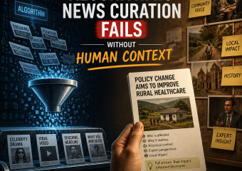 Infographic showing algorithmic news curation alongside rural healthcare policy and expert human analysis.