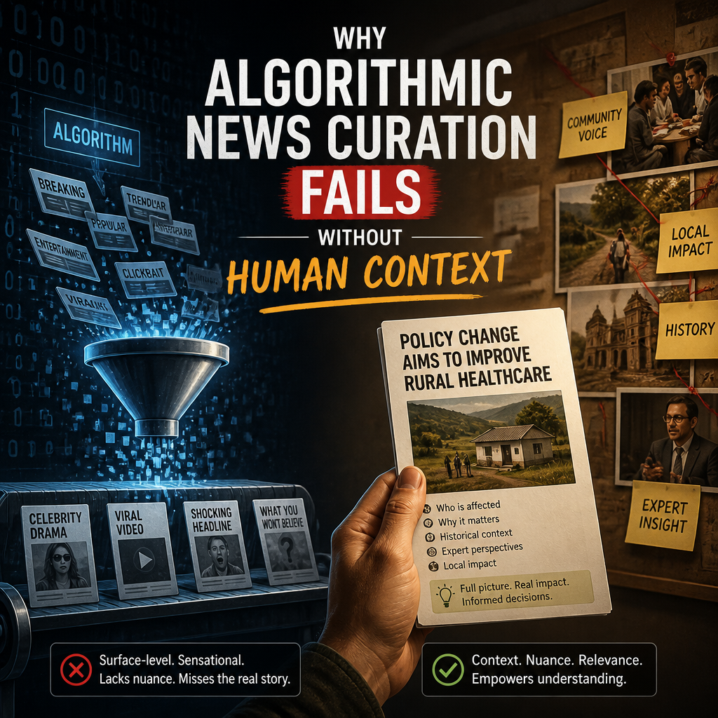 Infographic showing algorithmic news curation alongside rural healthcare policy and expert human analysis.