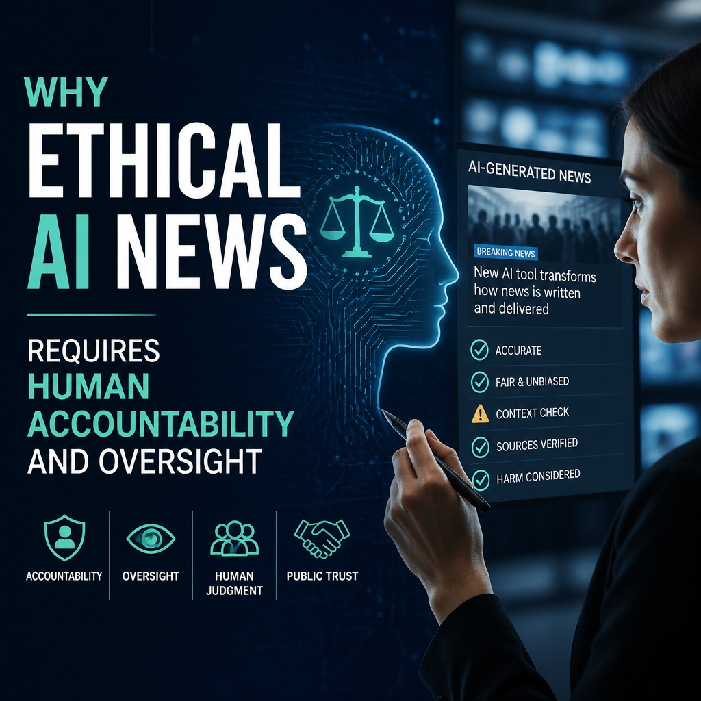 Infographic showing human oversight and accountability as essential to ethical AI news.