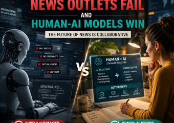 AI robot and human collaborate on a digital news interface, illustrating a human-AI hybrid model for trustworthy journalism.