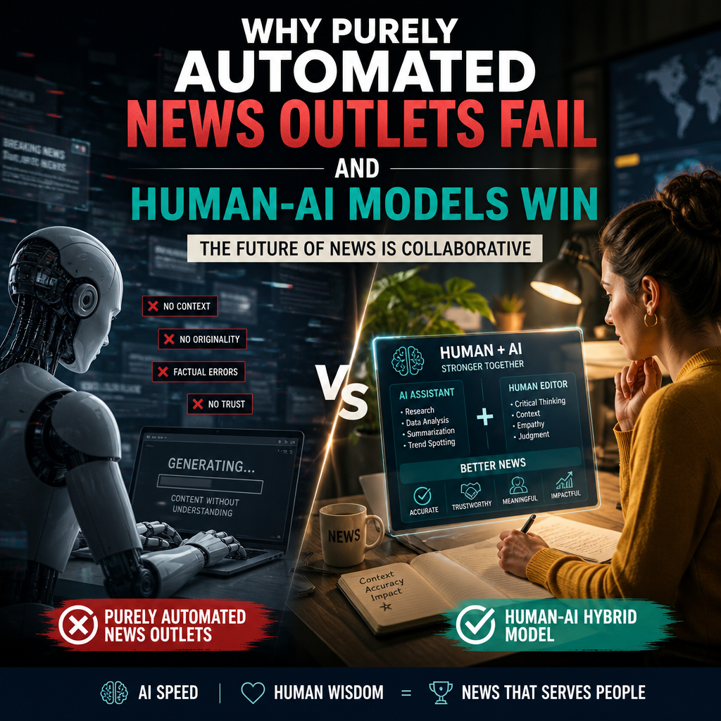 AI robot and human collaborate on a digital news interface, illustrating a human-AI hybrid model for trustworthy journalism.