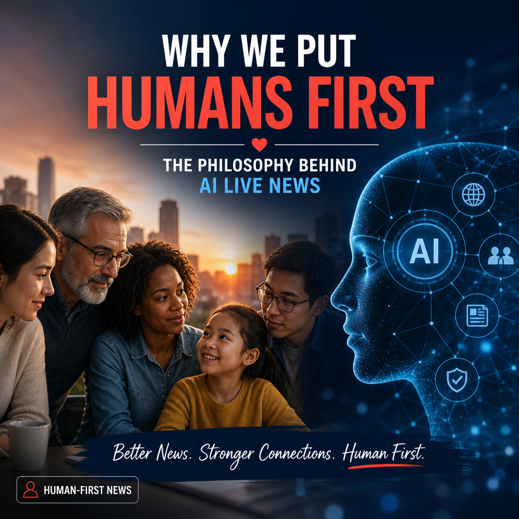 Diverse family alongside a glowing digital brain, symbolizing human-first news powered by AI and human judgment.
