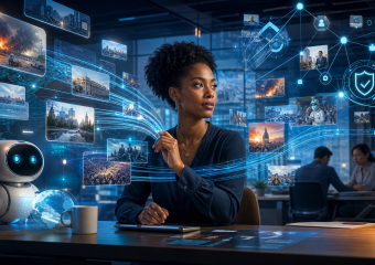 Woman interacting with a futuristic digital interface surrounded by news images, data streams, and a robot assistant