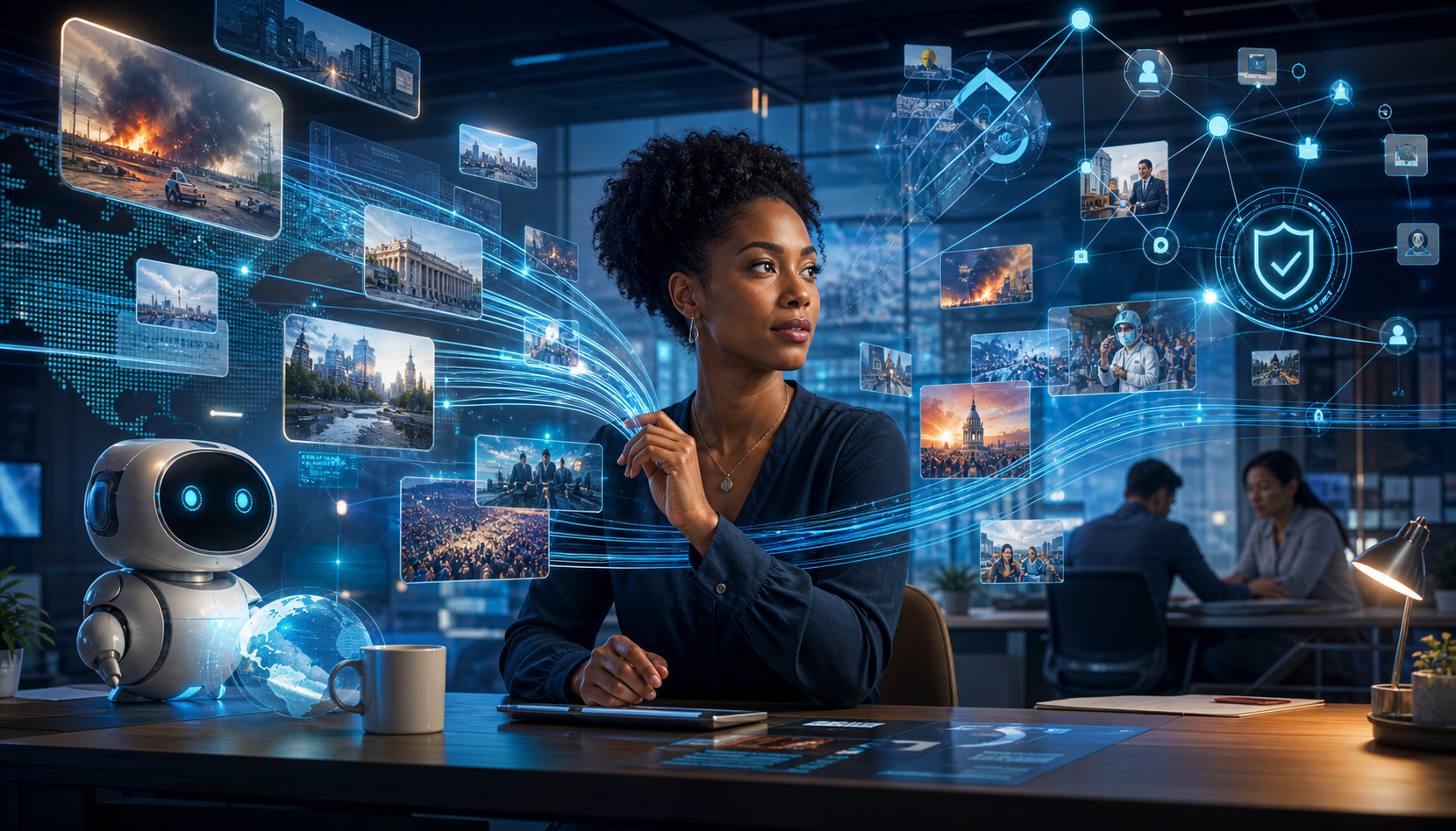 Woman interacting with a futuristic digital interface surrounded by news images, data streams, and a robot assistant