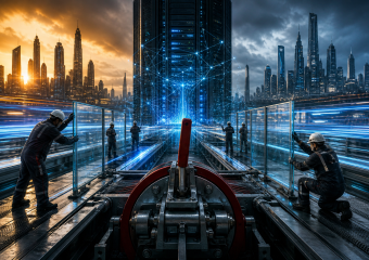 Workers maintain futuristic rail infrastructure beneath a glowing network tower, with a dense city skyline in the background