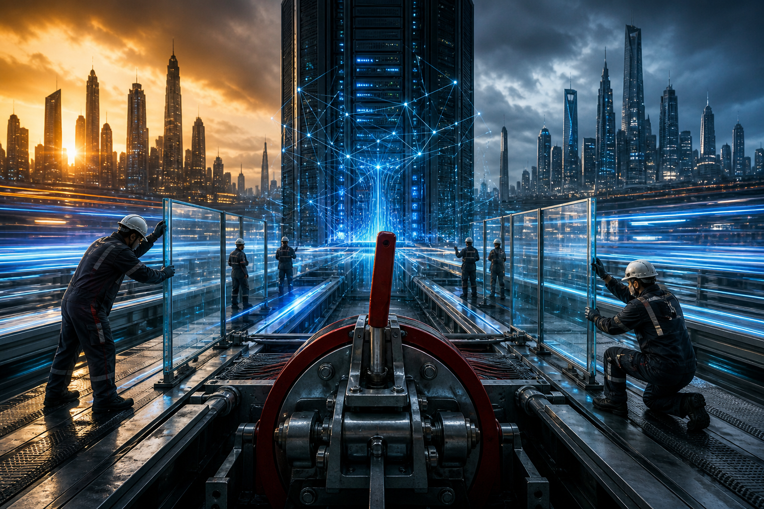 Workers maintain futuristic rail infrastructure beneath a glowing network tower, with a dense city skyline in the background