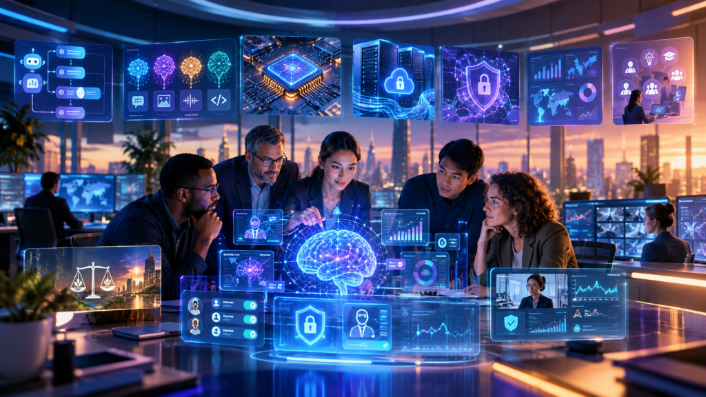 A diverse team collaborates around a holographic brain and cybersecurity dashboards in a futuristic control room