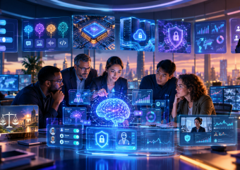 A diverse team collaborates around a holographic brain and cybersecurity dashboards in a futuristic control room