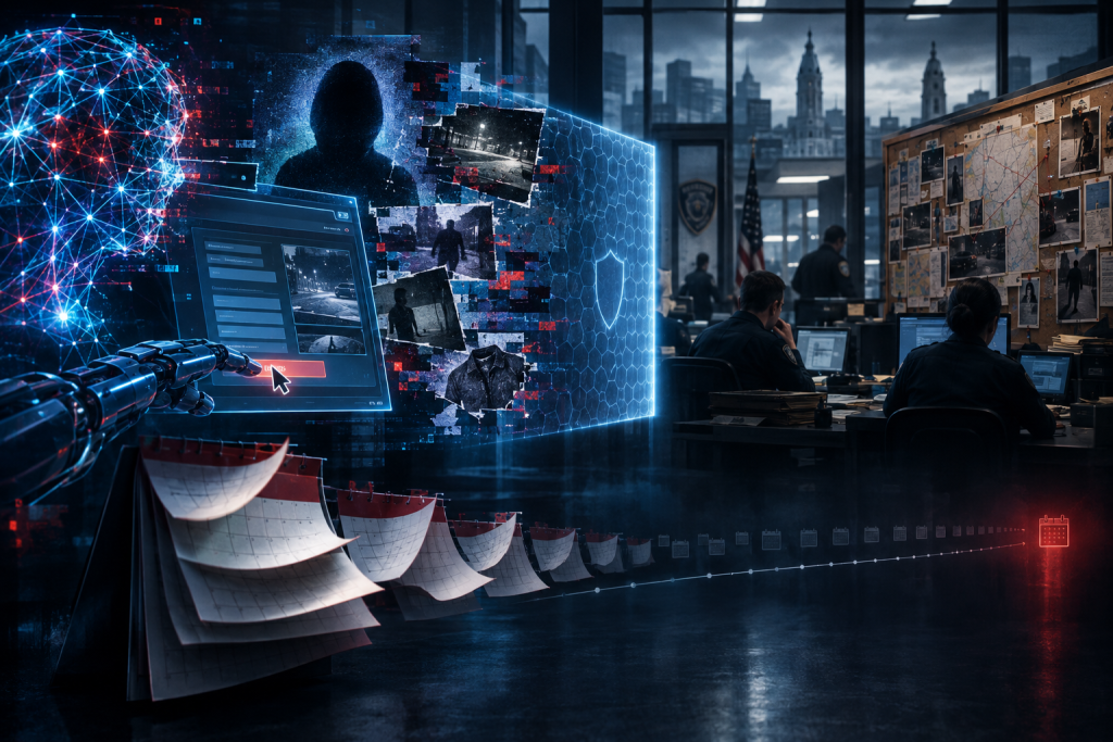 Conceptual illustration of police using AI, digital surveillance, and timelines to investigate a case
