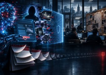 Conceptual illustration of police using AI, digital surveillance, and timelines to investigate a case
