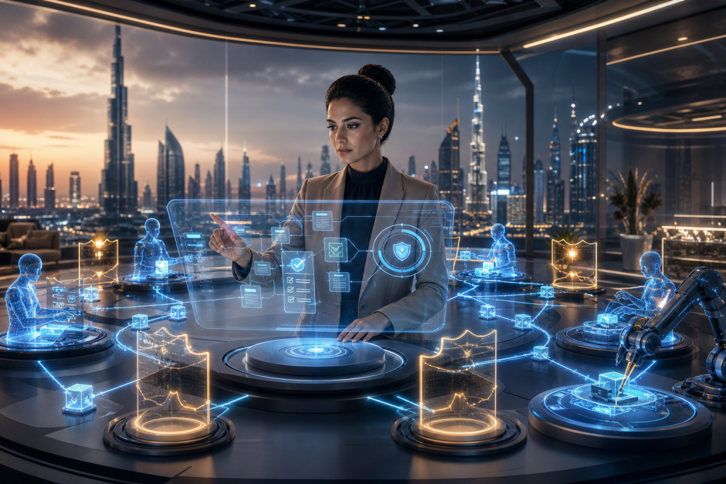 Create a polished editorial-style conceptual image illustrating human-in-the-loop AI automation: a diverse professional human operator in a modern Dubai-inspired control room stands at the center, calmly reviewing and approving decisions on a transparent holographic interface, while surrounding autonomous AI agent nodes coordinate repetitive workflows through glowing data pathways. Emphasize collaboration rather than replacement, with the human visibly connected to the system through deliberate checkpoints, approval gates, safety barriers, and accountability controls. Include subtle architectural hints of Dubai’s skyline beyond the glass, balanced cool blue and teal technology lighting with warm human highlights, sophisticated enterprise atmosphere, realistic cinematic composition, high detail, sense of innovation tempered by caution and trust. No text, captions, logos, branding, or watermarks.