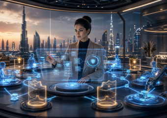 Create a polished editorial-style conceptual image illustrating human-in-the-loop AI automation: a diverse professional human operator in a modern Dubai-inspired control room stands at the center, calmly reviewing and approving decisions on a transparent holographic interface, while surrounding autonomous AI agent nodes coordinate repetitive workflows through glowing data pathways. Emphasize collaboration rather than replacement, with the human visibly connected to the system through deliberate checkpoints, approval gates, safety barriers, and accountability controls. Include subtle architectural hints of Dubai’s skyline beyond the glass, balanced cool blue and teal technology lighting with warm human highlights, sophisticated enterprise atmosphere, realistic cinematic composition, high detail, sense of innovation tempered by caution and trust. No text, captions, logos, branding, or watermarks.