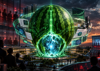 Futuristic city plaza featuring a giant glowing green globe with circuitry, data screens, skyscrapers, people, and robots