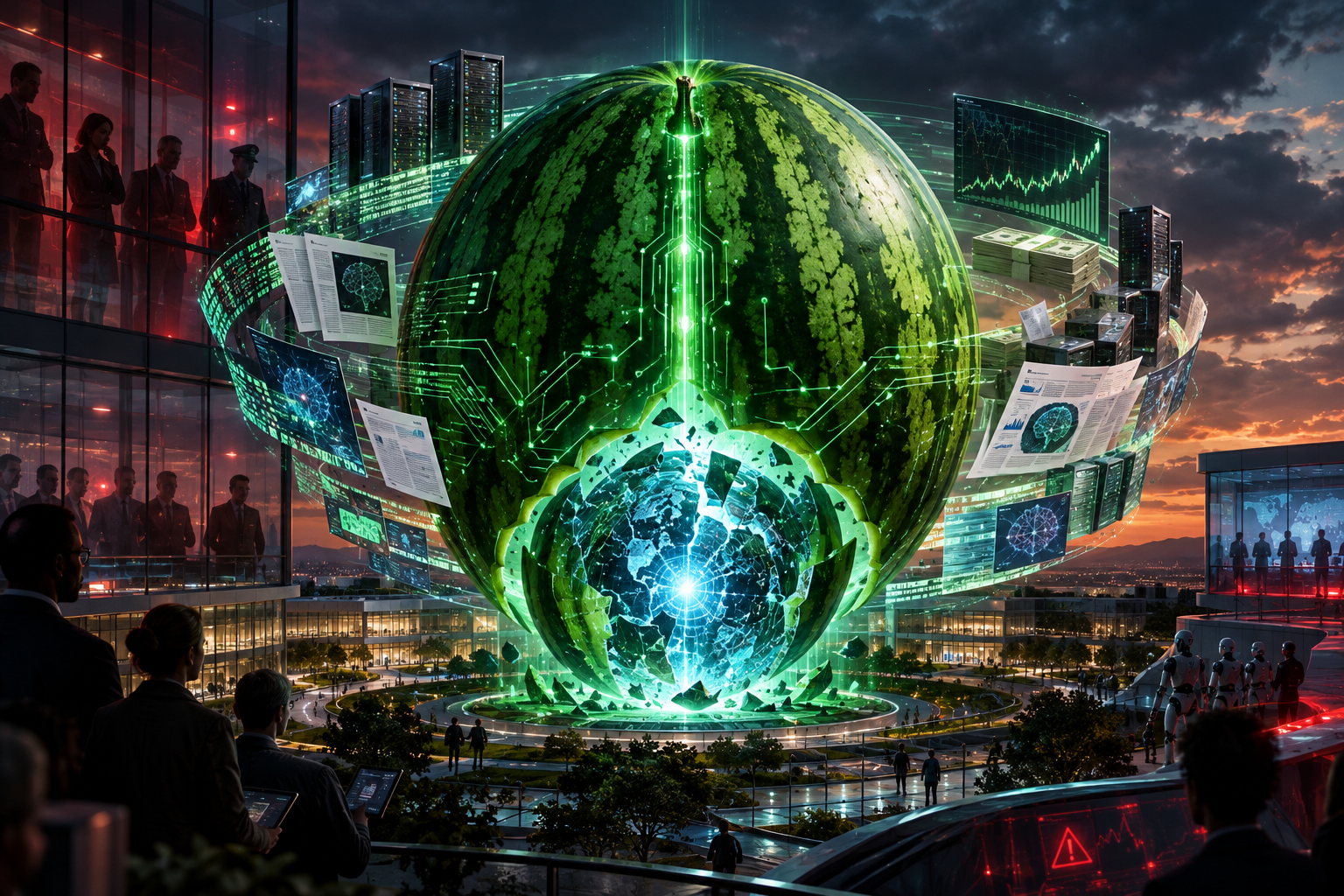 Futuristic city plaza featuring a giant glowing green globe with circuitry, data screens, skyscrapers, people, and robots
