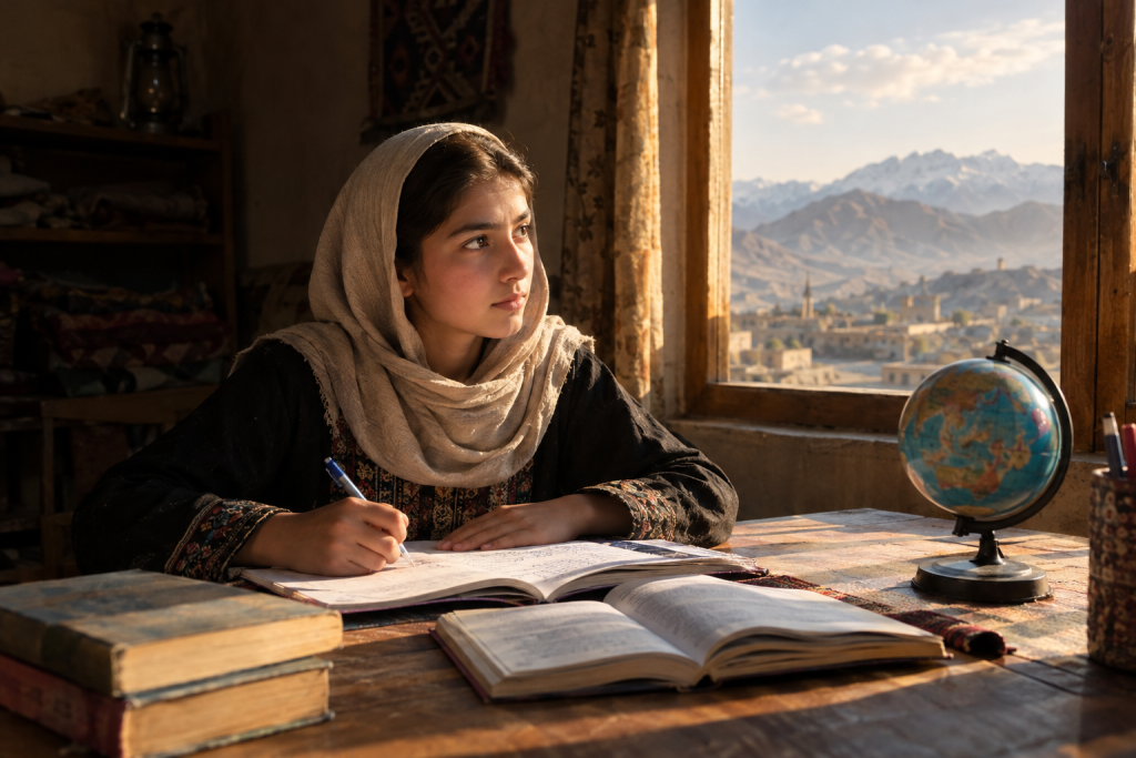 Girl in a headscarf studies at a desk beside a globe, with a mountain city visible through the window