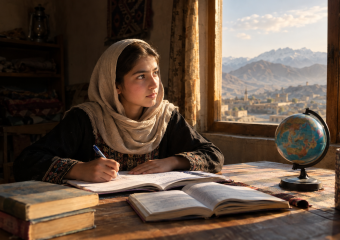 Girl in a headscarf studies at a desk beside a globe, with a mountain city visible through the window