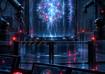 Glowing neural network suspended in a cylindrical chamber, surrounded by robotic arms and diagnostic monitors in a futuristic laboratory