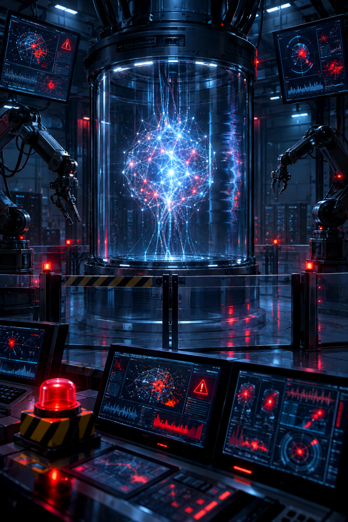 Glowing neural network suspended in a cylindrical chamber, surrounded by robotic arms and diagnostic monitors in a futuristic laboratory