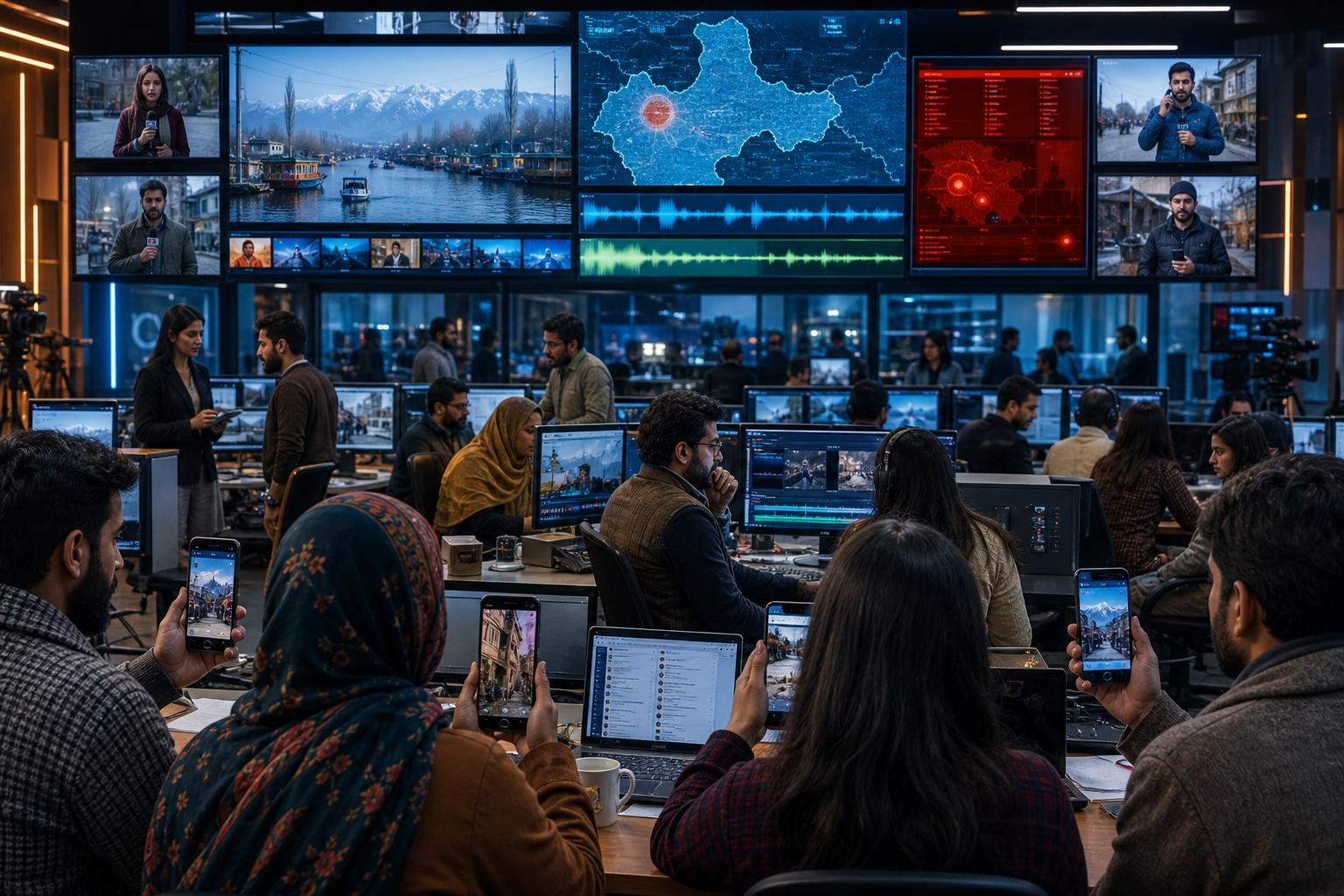 Newsroom staff monitor live broadcasts, maps, audio feeds, and video editing screens in a busy control room