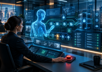 Woman operating a futuristic cybersecurity dashboard with AI, data analytics, identity verification, and server security displays