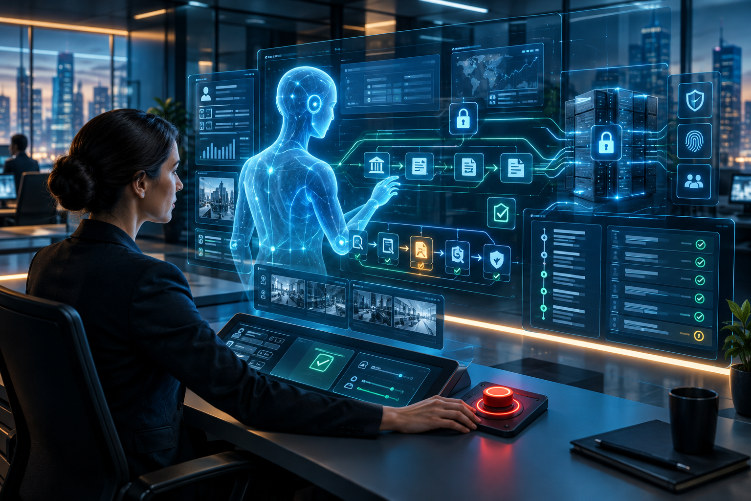 Woman operating a futuristic cybersecurity dashboard with AI, data analytics, identity verification, and server security displays